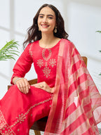 Janasya Pink Straight Silk Blend Kurta,Bottom & Dupatta | Grocsy