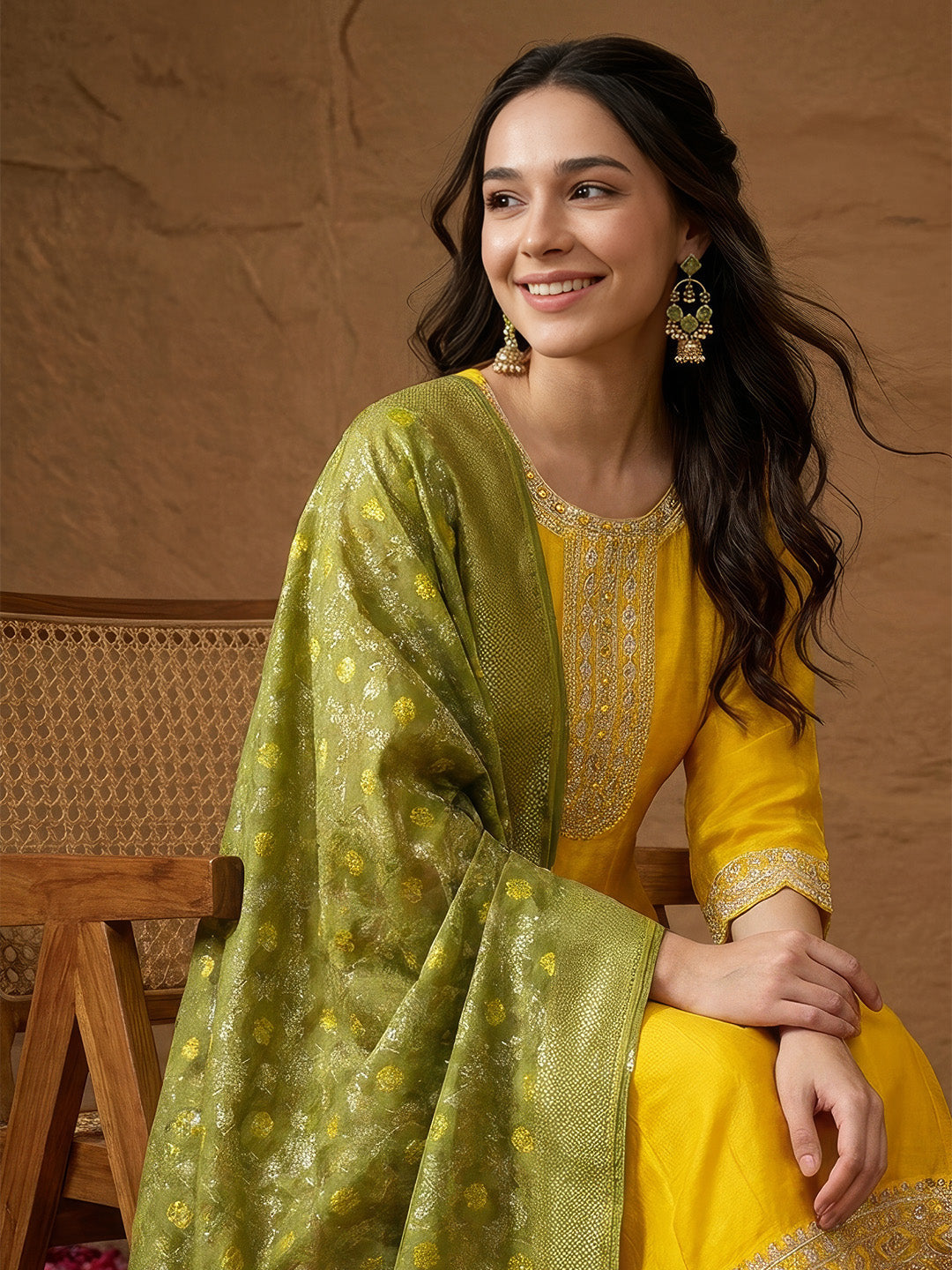 Janasya Yellow Anarkali Silk Blend Kurta,Bottom & Dupatta | Grocsy