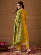 Janasya Yellow Anarkali Silk Blend Kurta,Bottom & Dupatta | Grocsy