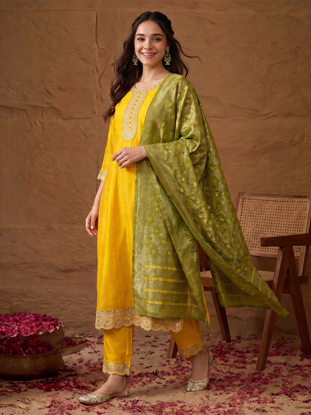 Janasya Yellow Anarkali Silk Blend Kurta,Bottom & Dupatta | Grocsy