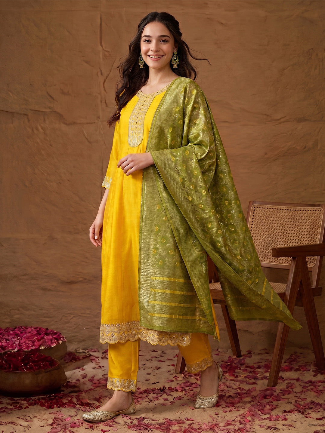 Janasya Yellow Anarkali Silk Blend Kurta,Bottom & Dupatta | Grocsy