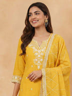 Janasya Yellow Straight Silk Blend Kurta,Bottom & Dupatta | Grocsy