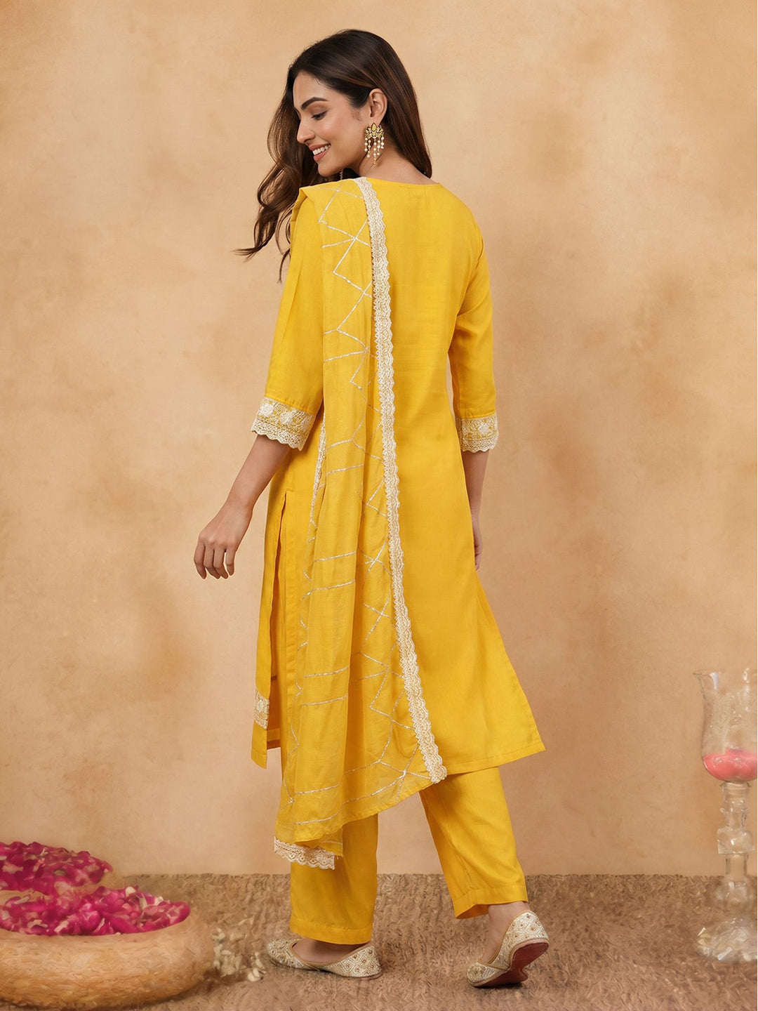 Janasya Yellow Straight Silk Blend Kurta,Bottom & Dupatta | Grocsy