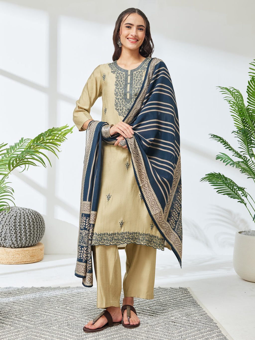 Janasya Olive Straight Chanderi Kurta,Bottom & Dupatta | Grocsy