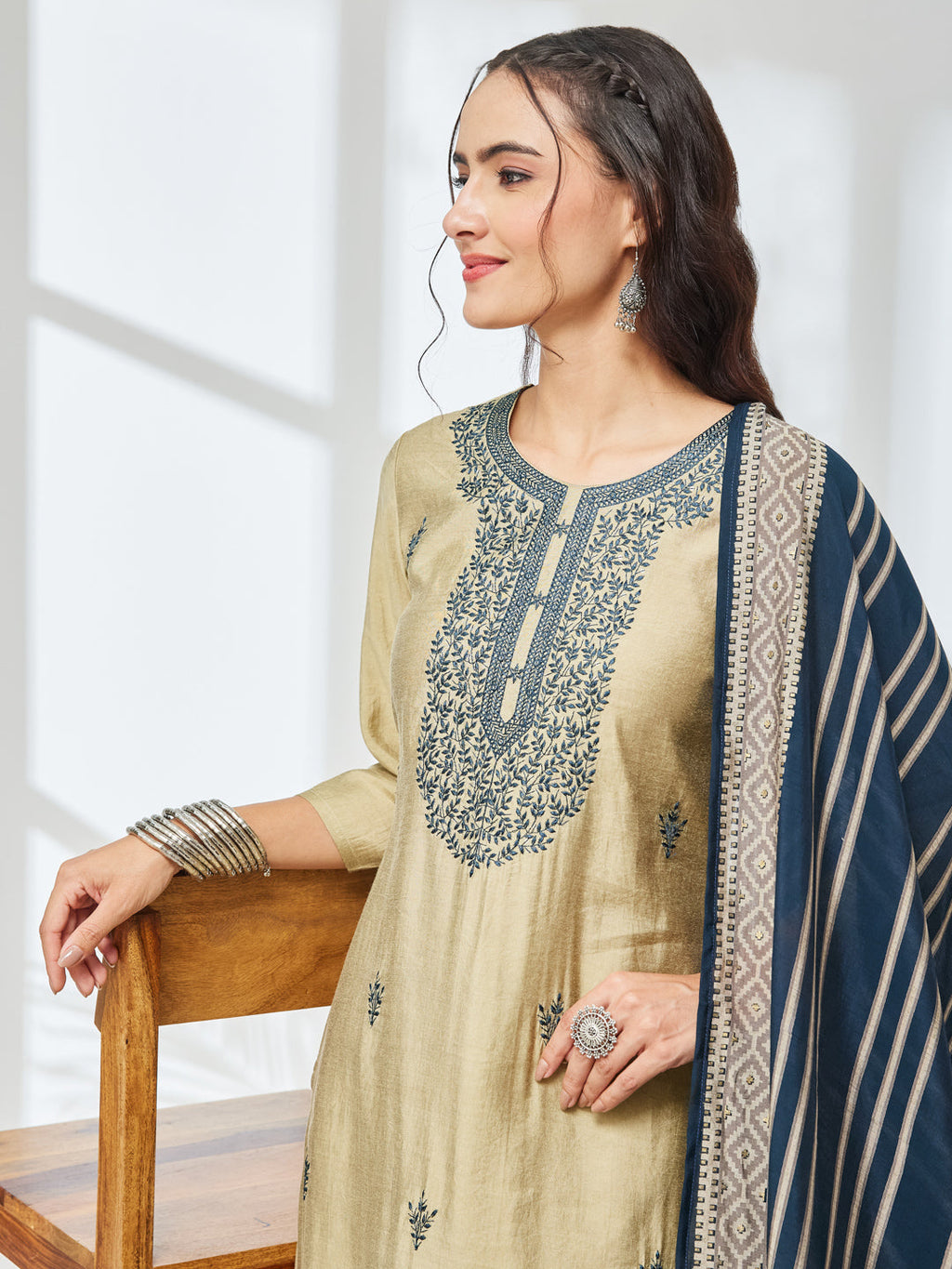Janasya Olive Straight Chanderi Kurta,Bottom & Dupatta | Grocsy