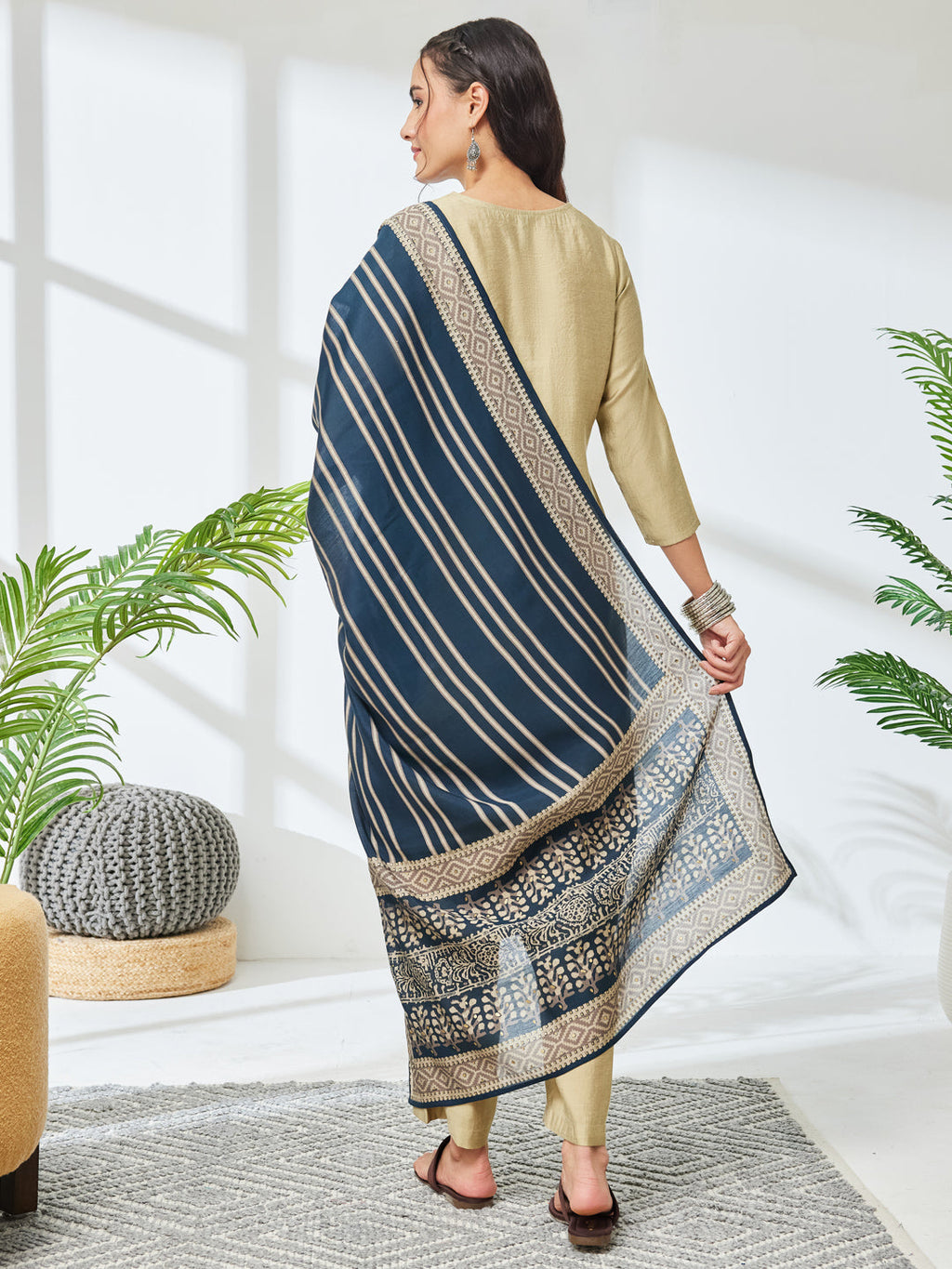 Janasya Olive Straight Chanderi Kurta,Bottom & Dupatta | Grocsy