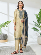 Janasya Olive Straight Chanderi Kurta,Bottom & Dupatta | Grocsy