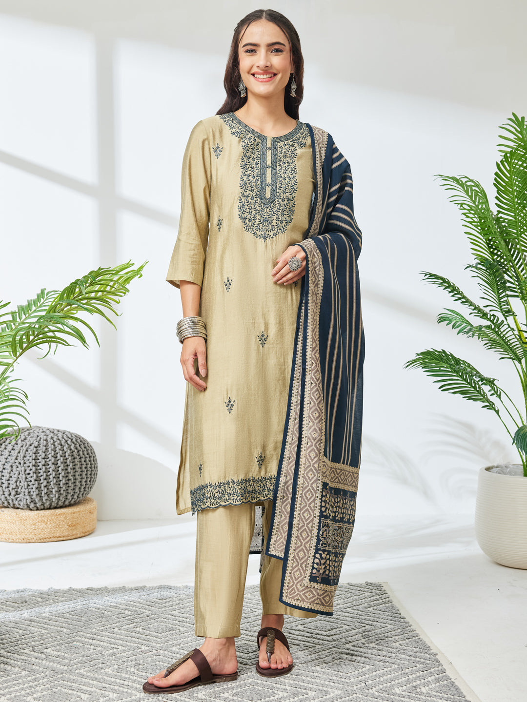 Janasya Olive Straight Chanderi Kurta,Bottom & Dupatta | Grocsy