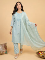 Janasya Sage Straight Cotton Blend Kurta,Bottom & Dupatta | Grocsy