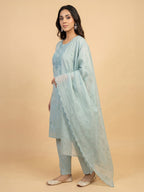 Janasya Sage Straight Cotton Blend Kurta,Bottom & Dupatta | Grocsy