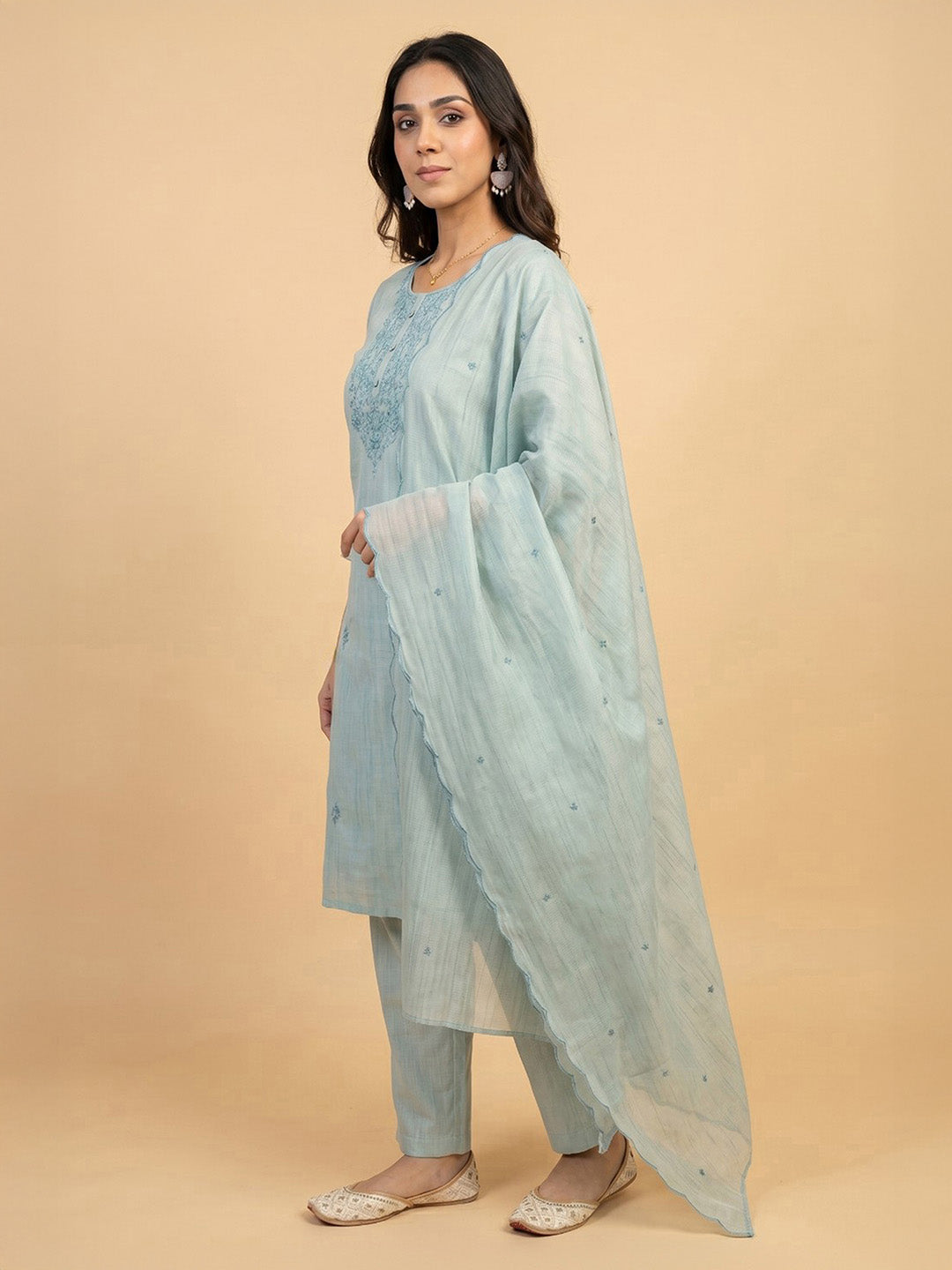 Janasya Sage Straight Cotton Blend Kurta,Bottom & Dupatta | Grocsy
