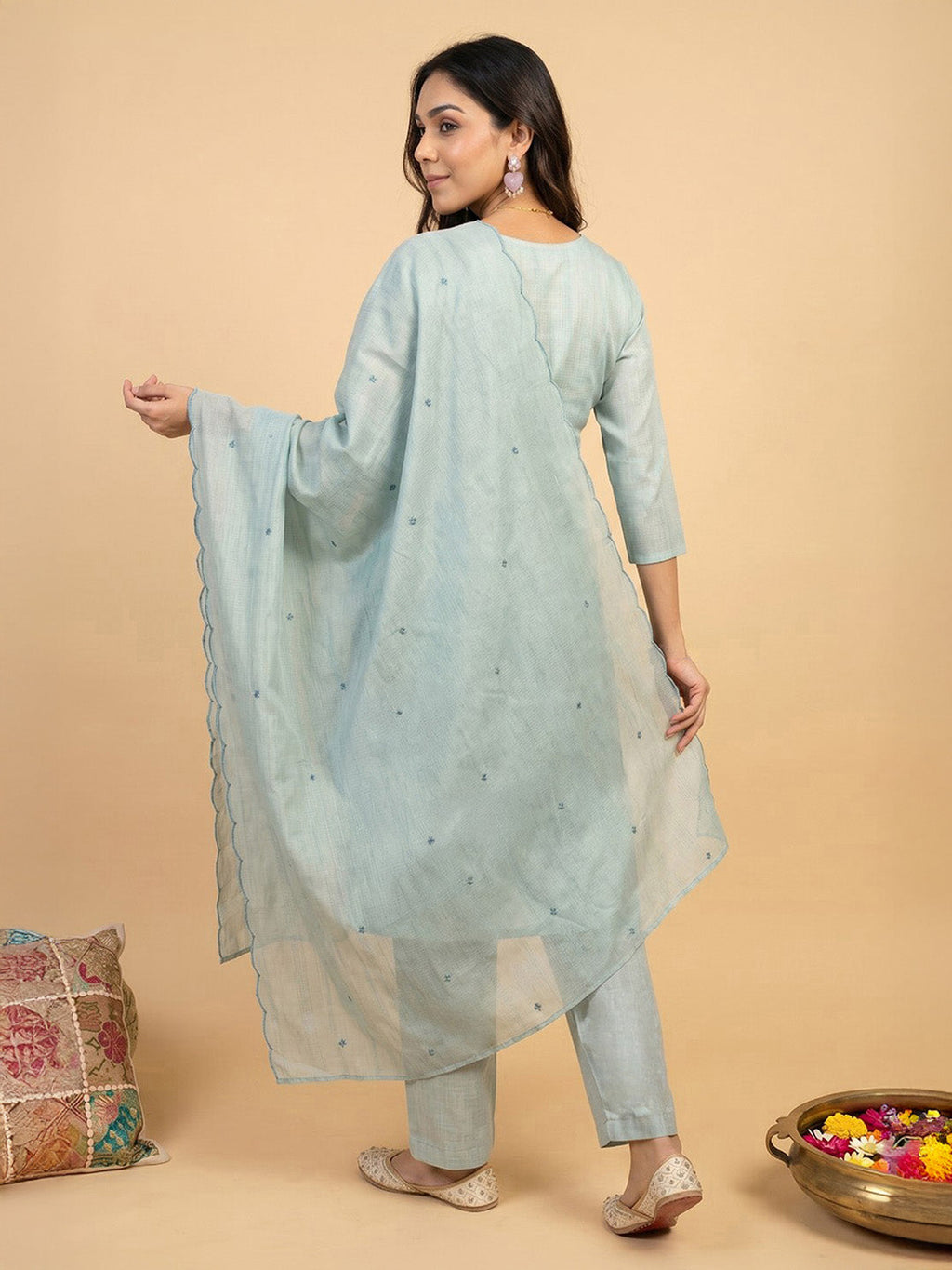 Janasya Sage Straight Cotton Blend Kurta,Bottom & Dupatta | Grocsy