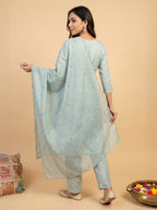 Janasya Sage Straight Cotton Blend Kurta,Bottom & Dupatta | Grocsy
