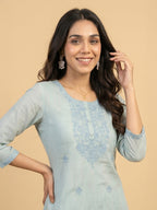 Janasya Sage Straight Cotton Blend Kurta,Bottom & Dupatta | Grocsy