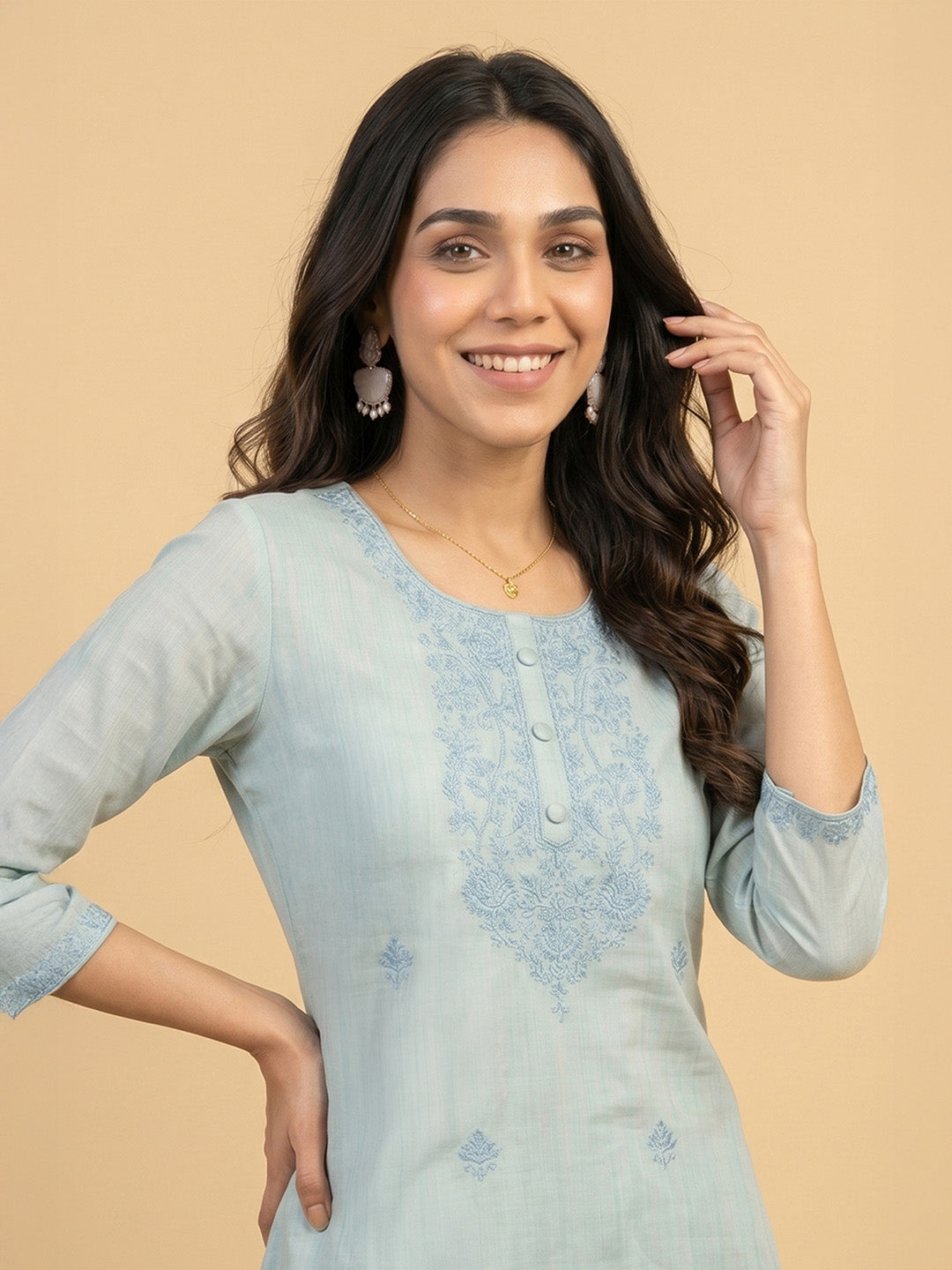 Janasya Sage Straight Cotton Blend Kurta,Bottom & Dupatta | Grocsy
