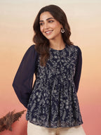 Janasya Navy Blue Peplum Georgette Top | Grocsy