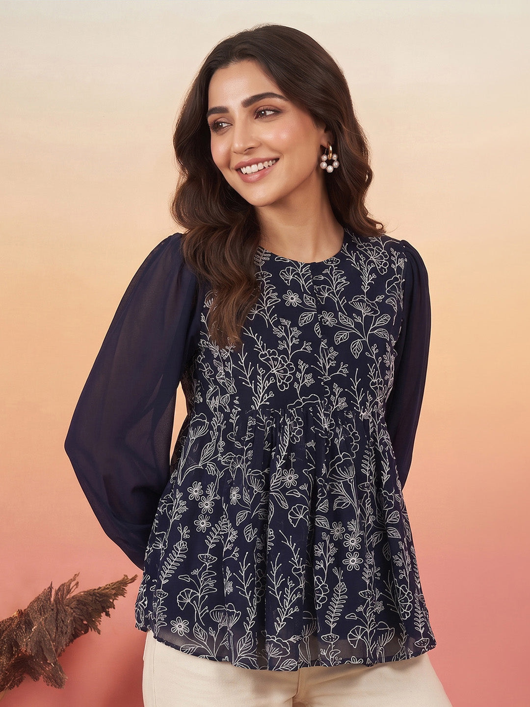Janasya Navy Blue Peplum Georgette Top | Grocsy
