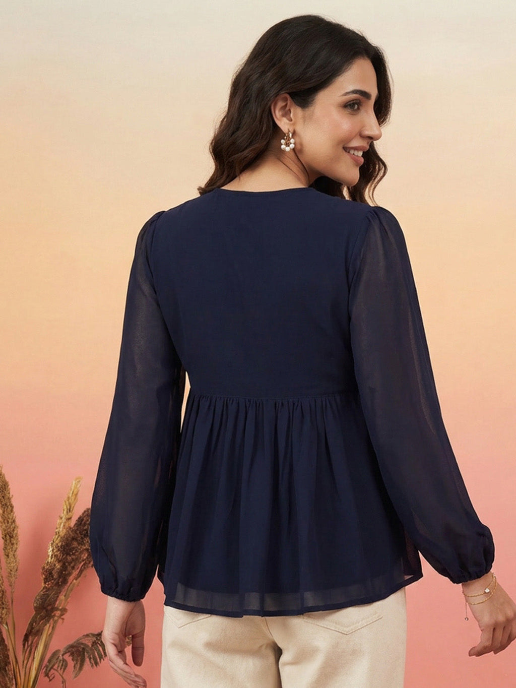 Janasya Navy Blue Peplum Georgette Top | Grocsy