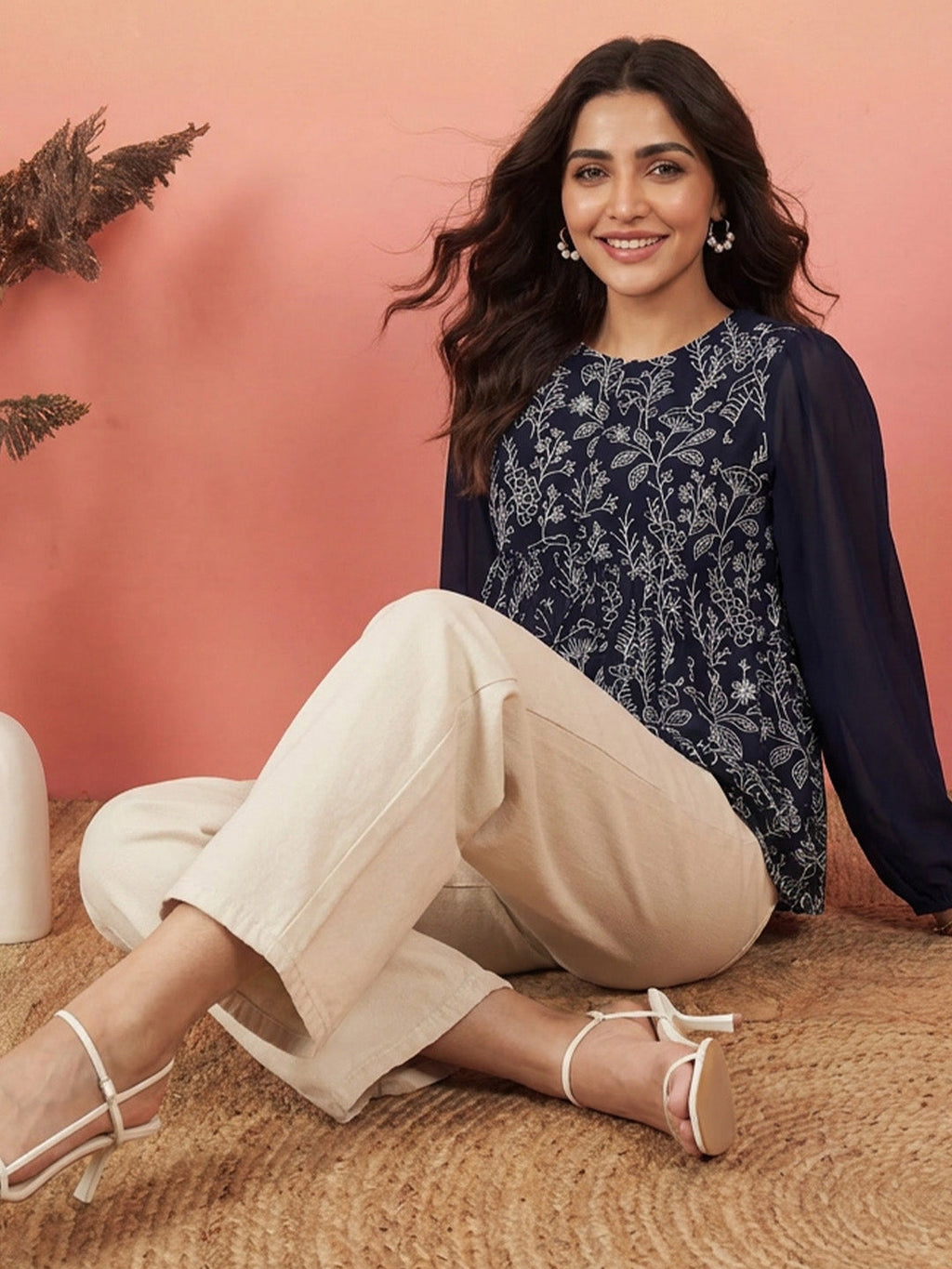 Janasya Navy Blue Peplum Georgette Top | Grocsy