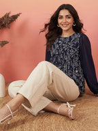Janasya Navy Blue Peplum Georgette Top | Grocsy