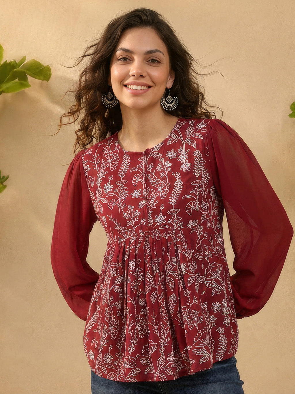 Janasya Maroon Peplum Georgette Top | Grocsy