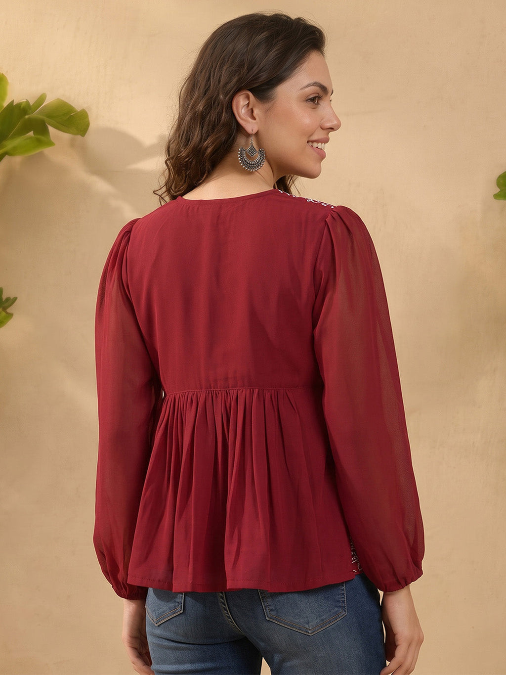 Janasya Maroon Peplum Georgette Top | Grocsy