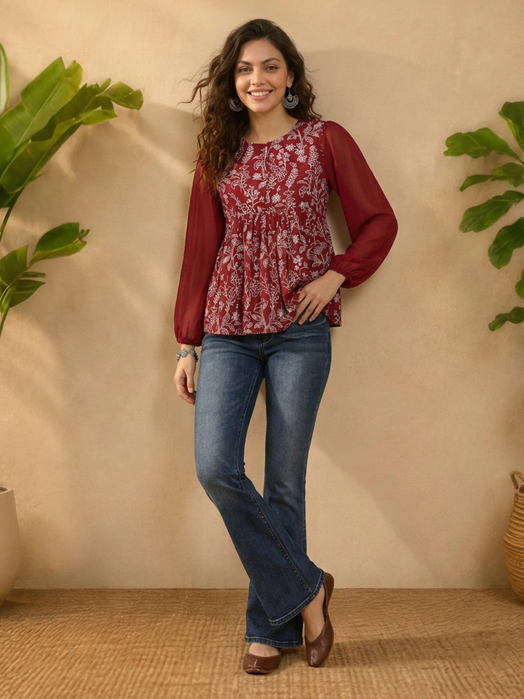 Janasya Maroon Peplum Georgette Top | Grocsy