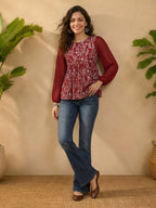 Janasya Maroon Peplum Georgette Top | Grocsy