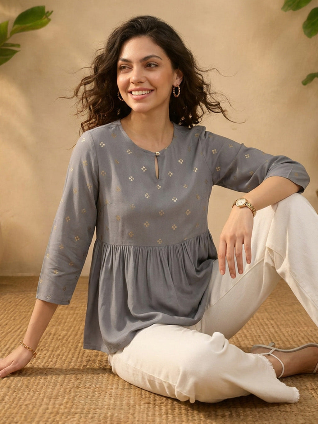 Janasya Grey A-Line Rayon Tunic | Grocsy