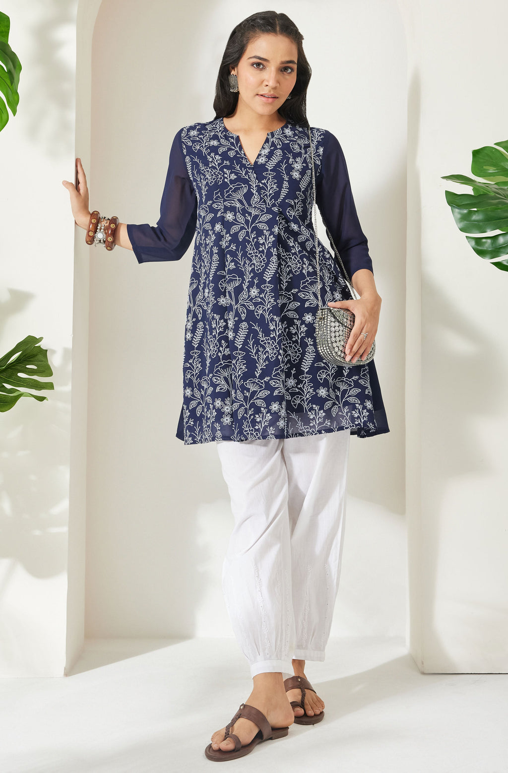 Janasya Navy Blue A-Line Georgette Tunic | Grocsy
