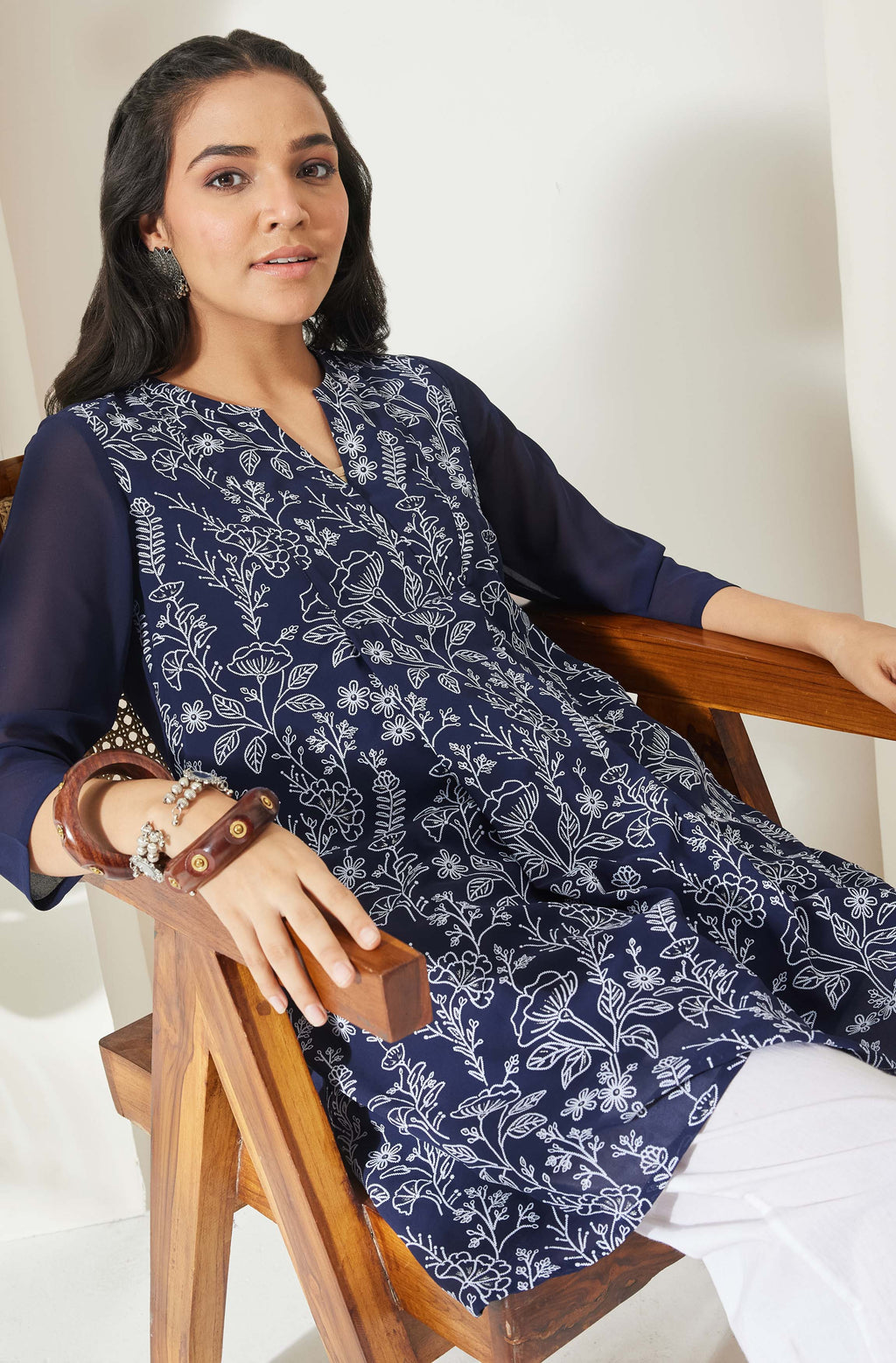 Janasya Navy Blue A-Line Georgette Tunic | Grocsy