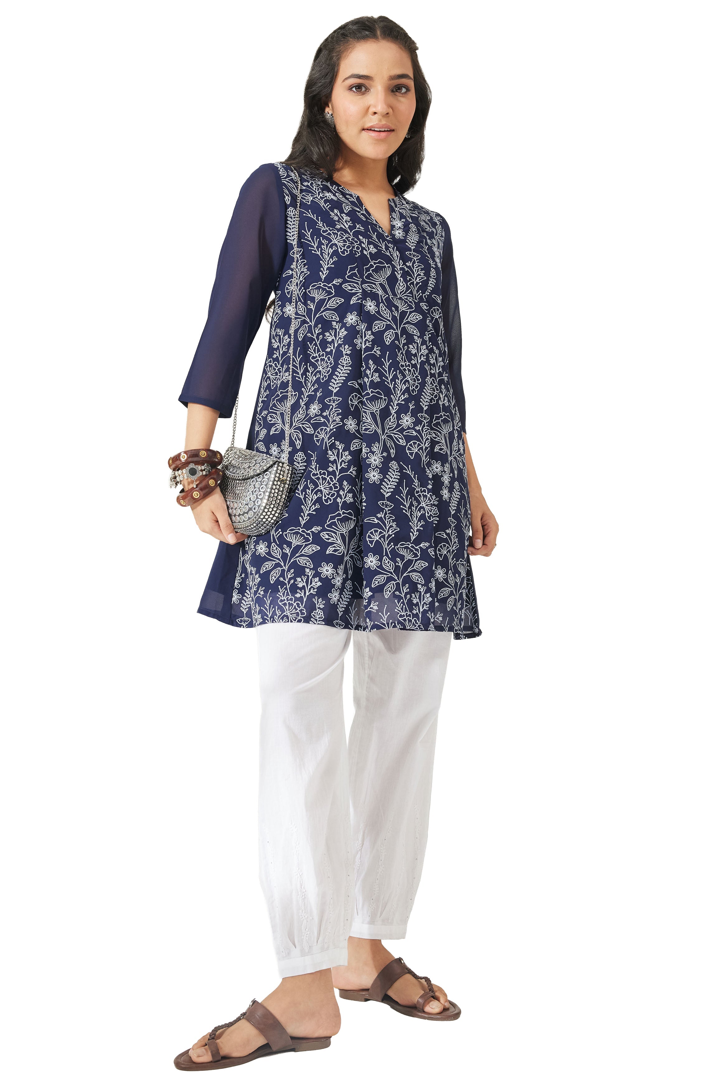 Janasya Navy Blue A-Line Georgette Tunic | Grocsy