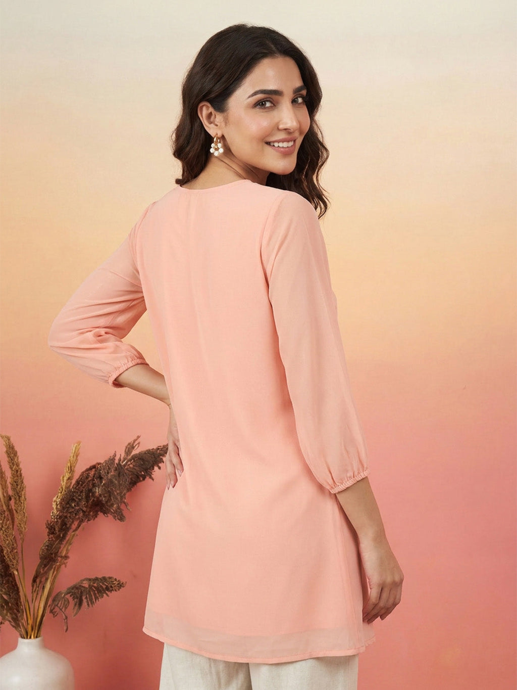 Janasya Peach A-Line Georgette Tunic | Grocsy