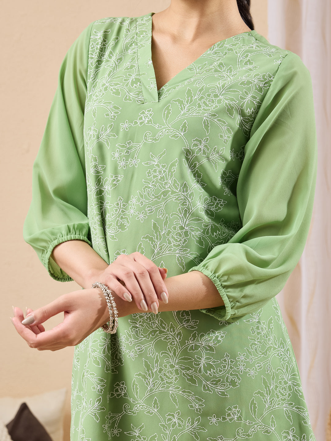 Janasya Mint A-Line Georgette Tunic | Grocsy