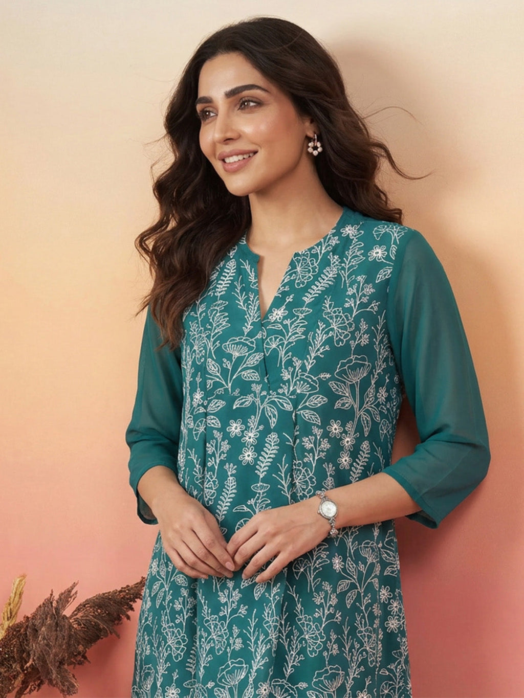 Janasya Teal A-Line Georgette Tunic | Grocsy