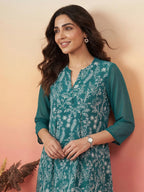 Janasya Teal A-Line Georgette Tunic | Grocsy