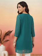 Janasya Teal A-Line Georgette Tunic | Grocsy