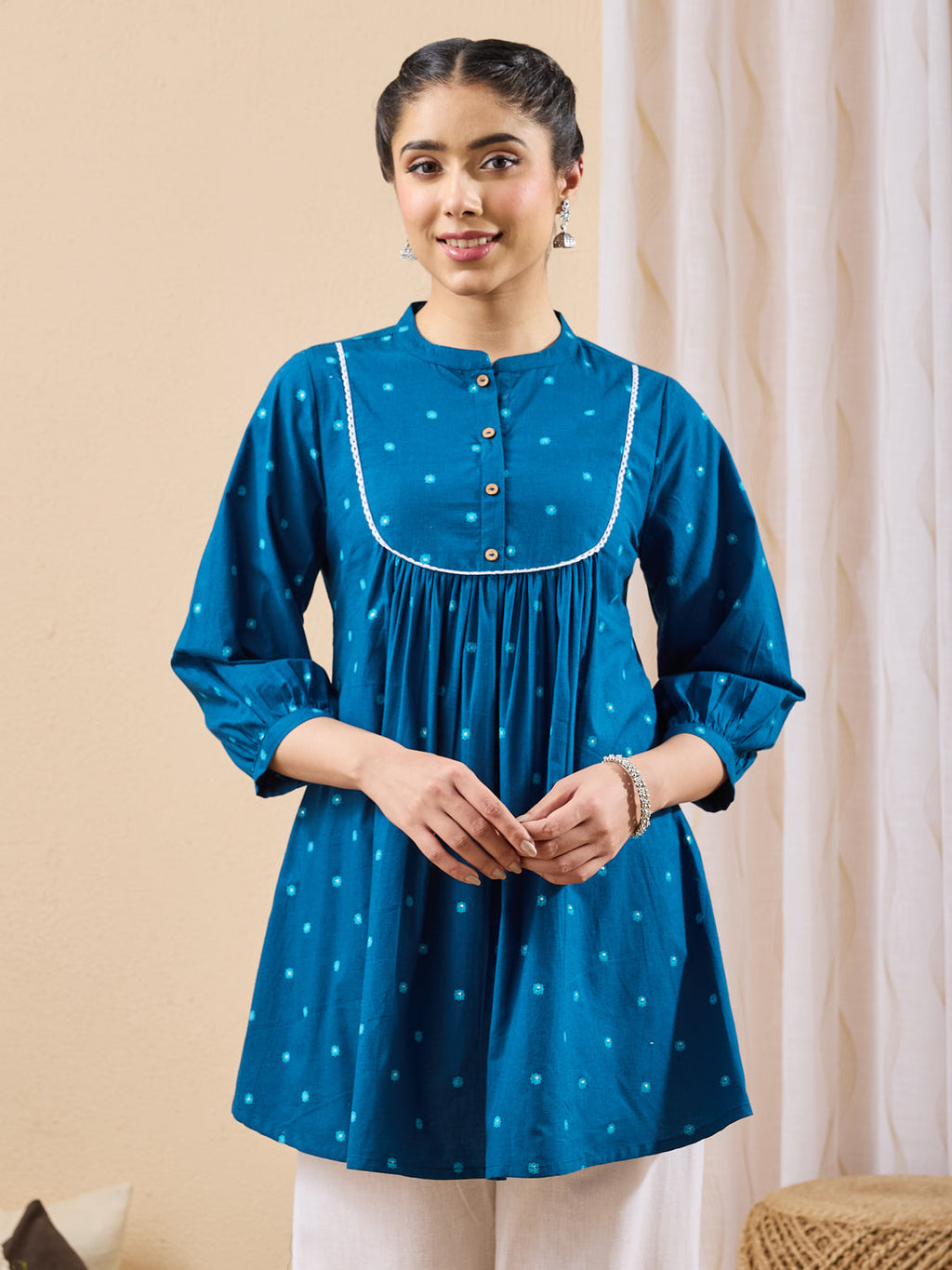 Janasya Teal A-Line Cotton Tunic | Grocsy