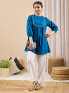 Janasya Teal A-Line Cotton Tunic | Grocsy
