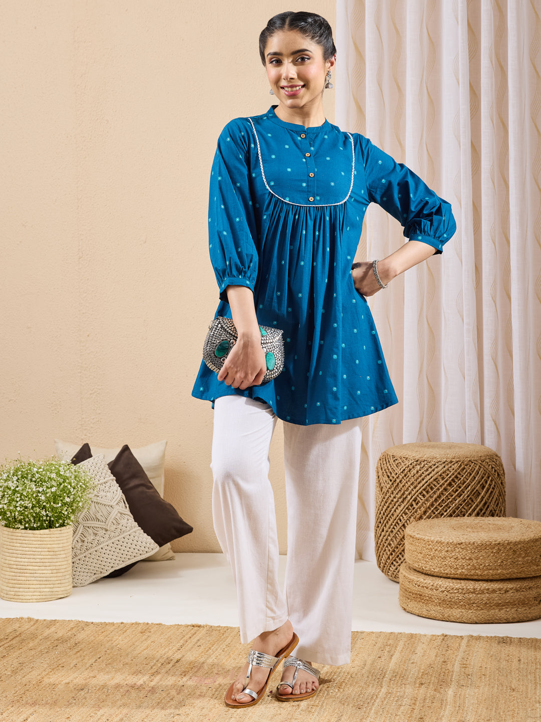 Janasya Teal A-Line Cotton Tunic | Grocsy