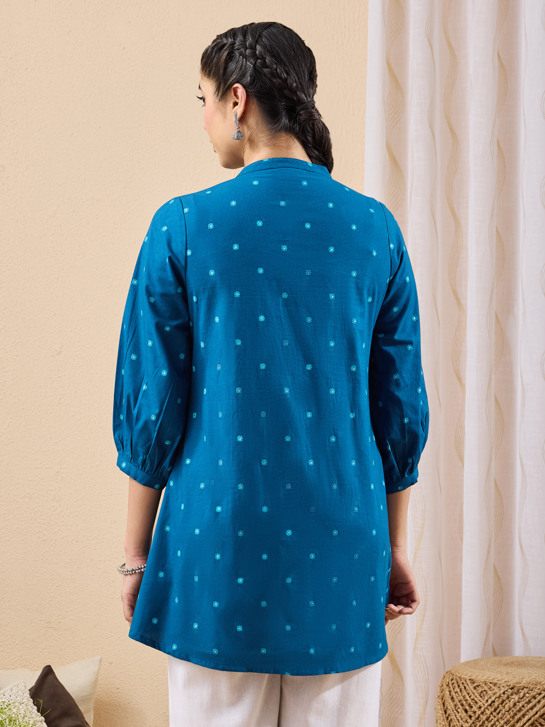 Janasya Teal A-Line Cotton Tunic | Grocsy