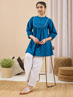 Janasya Teal A-Line Cotton Tunic | Grocsy