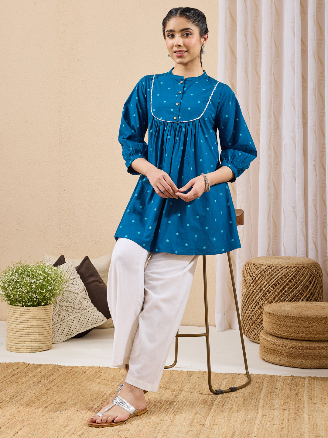 Janasya Teal A-Line Cotton Tunic | Grocsy