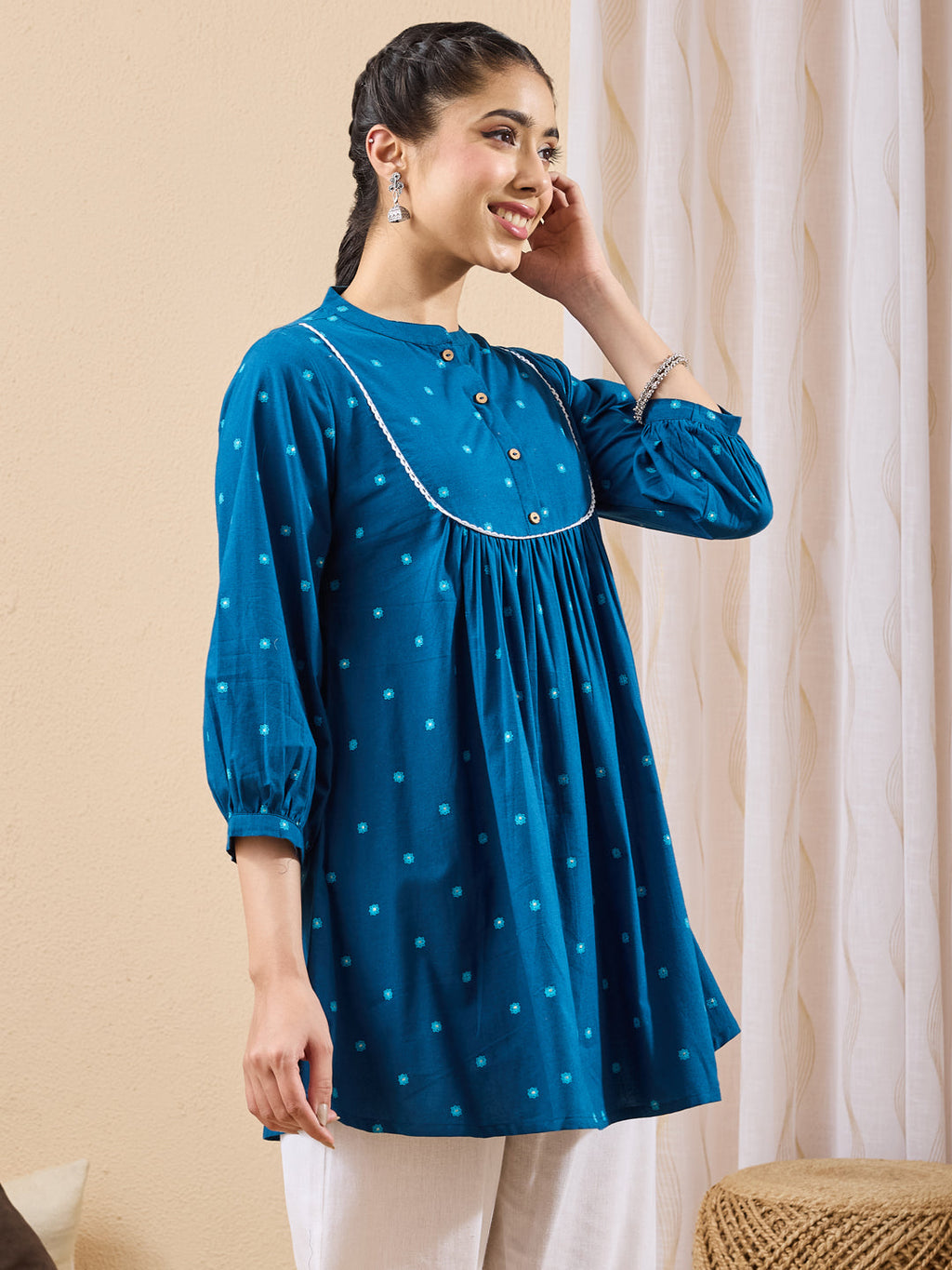 Janasya Teal A-Line Cotton Tunic | Grocsy