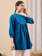 Janasya Teal A-Line Cotton Tunic | Grocsy