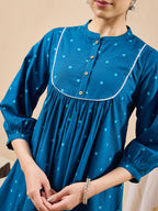 Janasya Teal A-Line Cotton Tunic | Grocsy