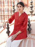 Janasya Red Straight Cotton Tunic | Grocsy