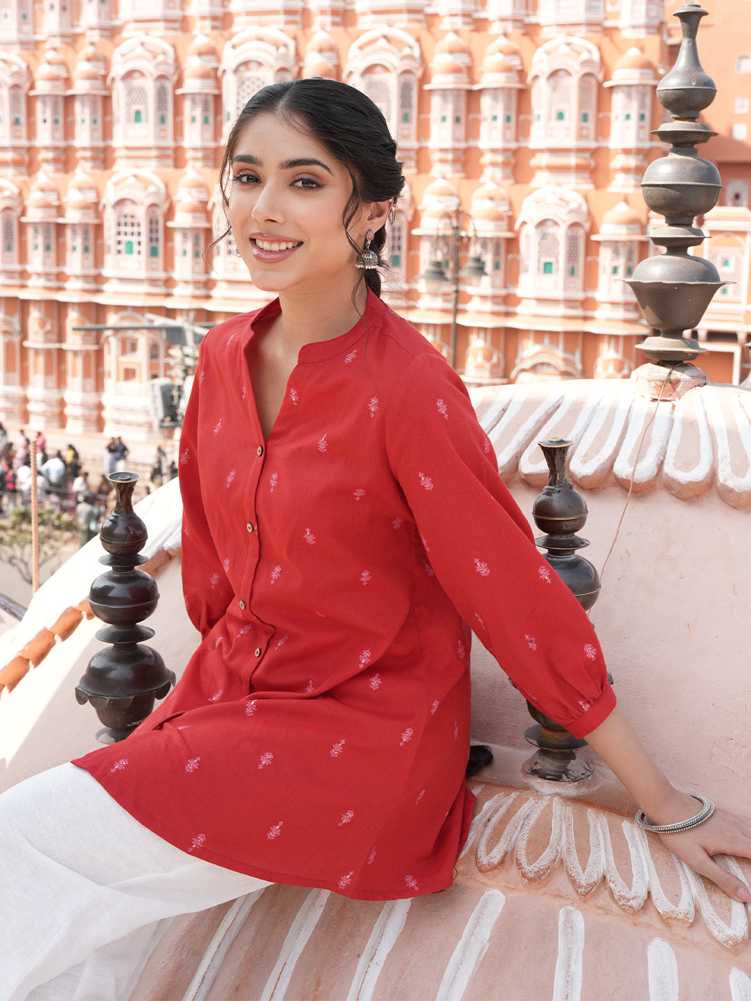 Janasya Red Straight Cotton Tunic | Grocsy