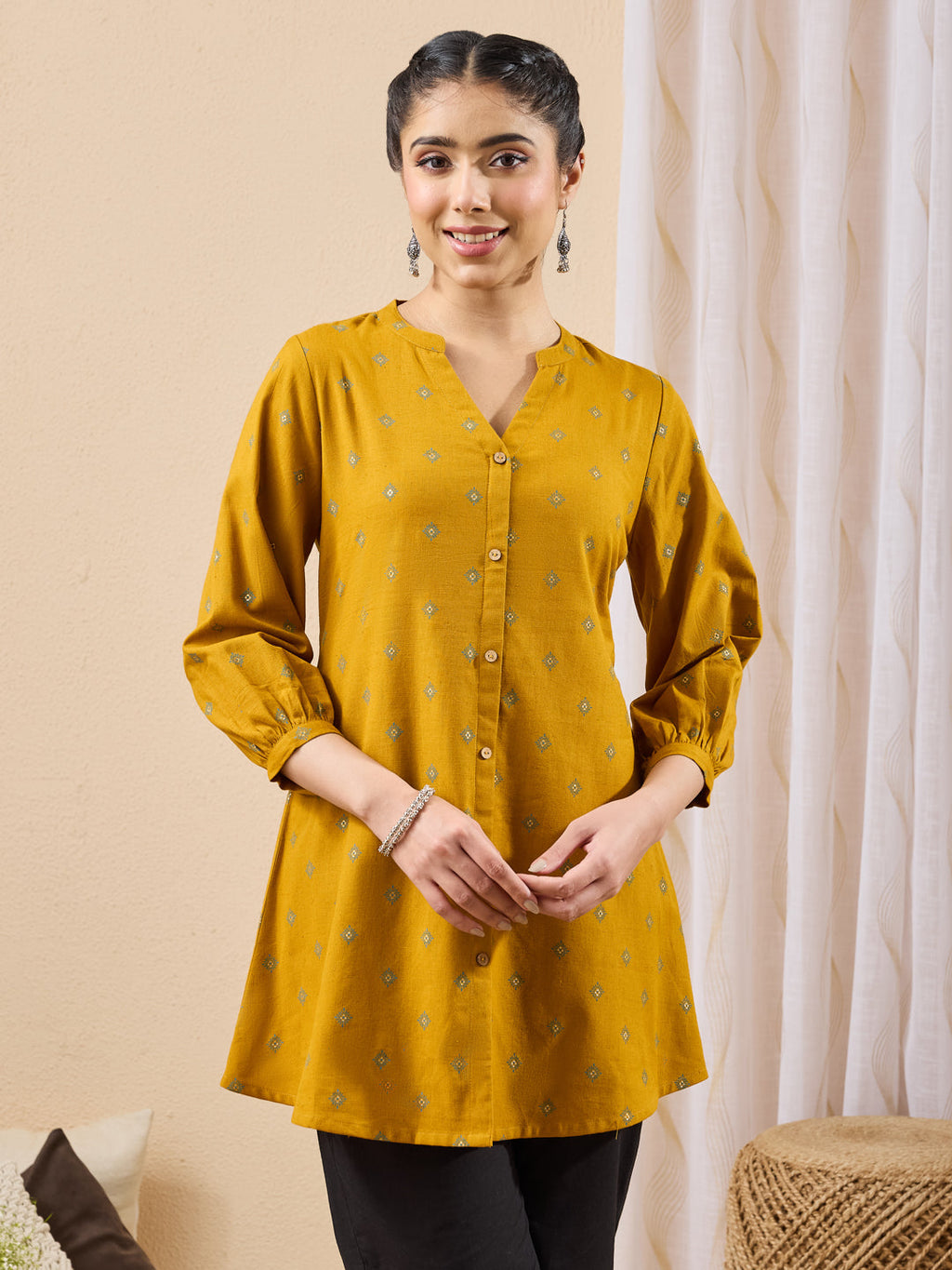 Janasya Mustard Straight Cotton Tunic | Grocsy