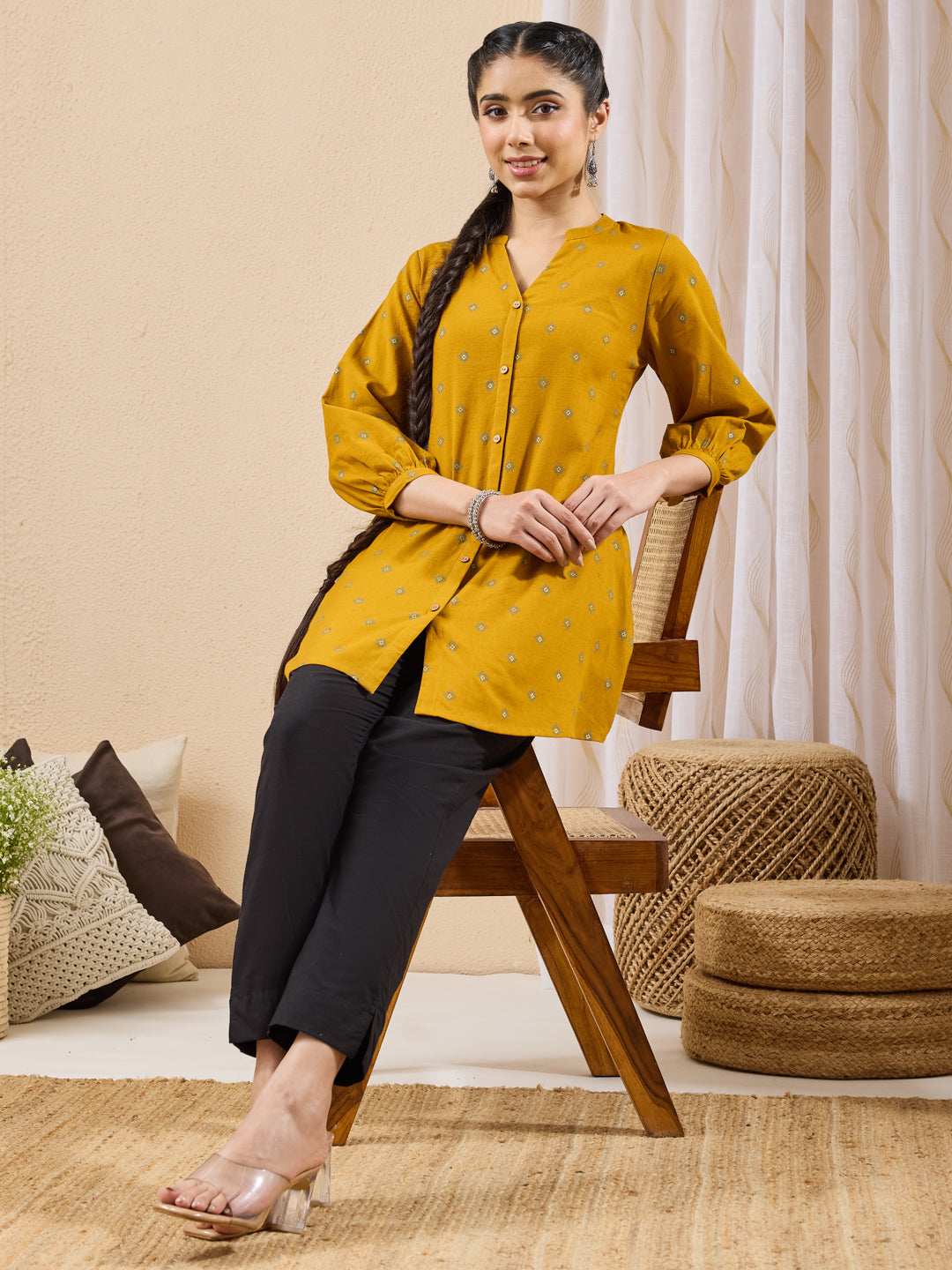 Janasya Mustard Straight Cotton Tunic | Grocsy